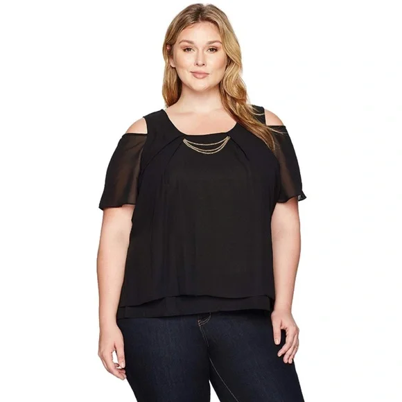 Split Back Cold Shoulder Chiffon Necklace Blouse - Picture 1 of 2